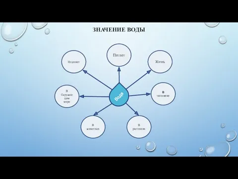 ЗНАЧЕНИЕ ВОДЫ Вода Питает Жизнь В человеке В растениях В животных В Окружающем мире Исцеляет