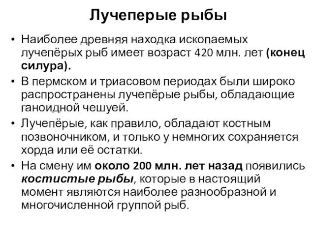 Лучеперые рыбы Наиболее древняя находка ископаемых лучепёрых рыб имеет возраст