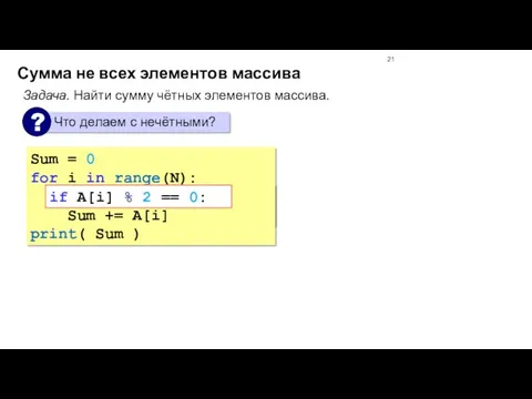 Сумма не всех элементов массива Sum = 0 for i