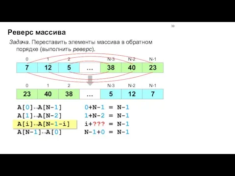 Реверс массива Задача. Переставить элементы массива в обратном порядке (выполнить