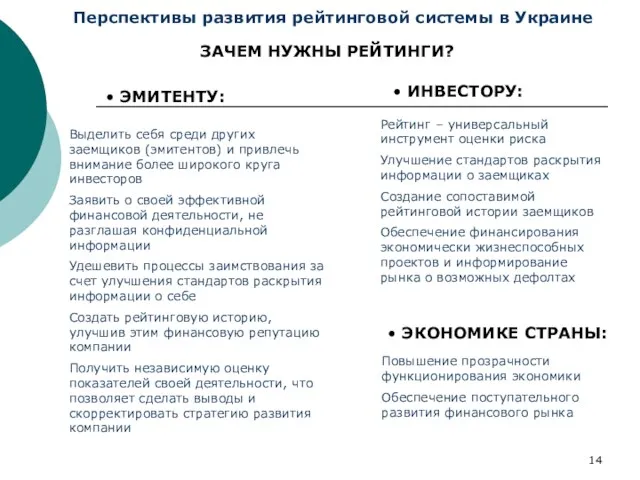 Перспективы развития рейтинговой системы в Украине Рейтинг – универсальный инструмент