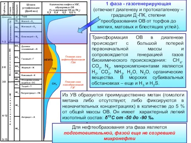 1 фаза - газогенерирующая (отвечает диагенезу и протокатагенезу – градации