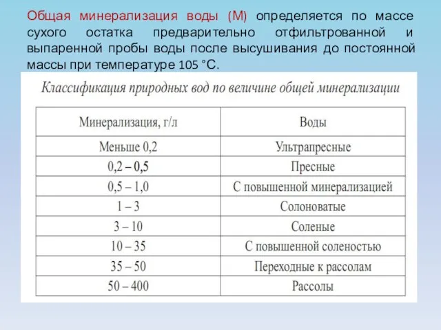 Общая минерализация воды (М) определяется по массе сухого остатка предварительно