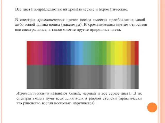 Все цвета подразделяются на хроматические и ахроматические. Ахроматическими называют белый, черный и все