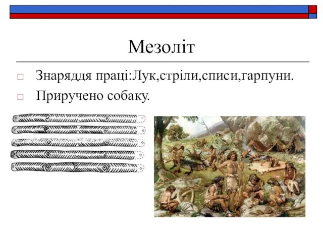 Мезоліт Знаряддя праці:Лук,стріли,списи,гарпуни. Приручено собаку.