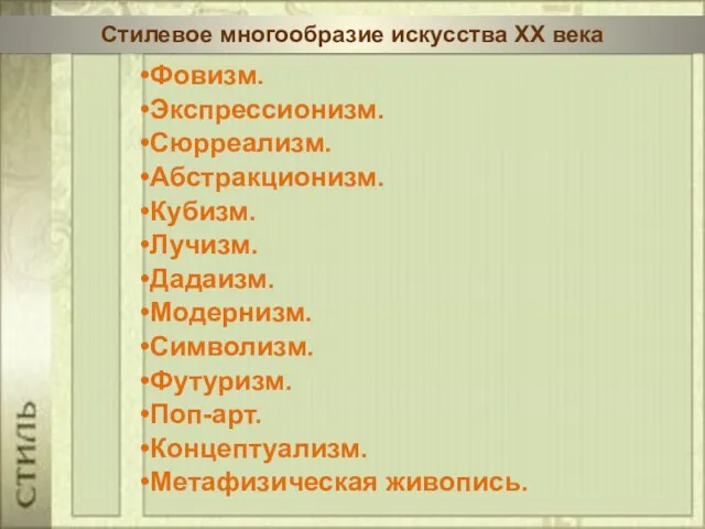 Фовизм. Экспрессионизм. Сюрреализм. Абстракционизм. Кубизм. Лучизм. Дадаизм. Модернизм. Символизм. Футуризм.