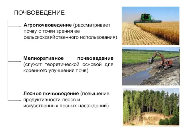 ПОЧВОВЕДЕНИЕ Агропочвоведение (рассматривает почву с точки зрения ее сельскохозяйственного использования)
