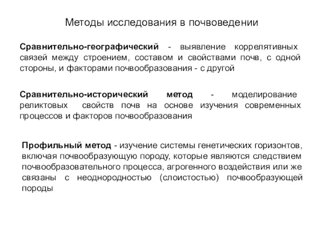 Методы исследования в почвоведении Сравнительно-географический - выявление коррелятивных связей между