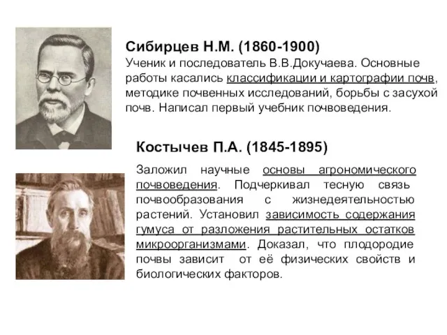 Сибирцев Н.М. (1860-1900) Ученик и последователь В.В.Докучаева. Основные работы касались