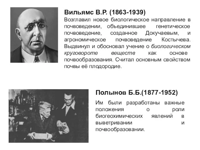 Вильямс В.Р. (1863-1939) Возглавил новое биологическое направление в почвоведении, объединившее