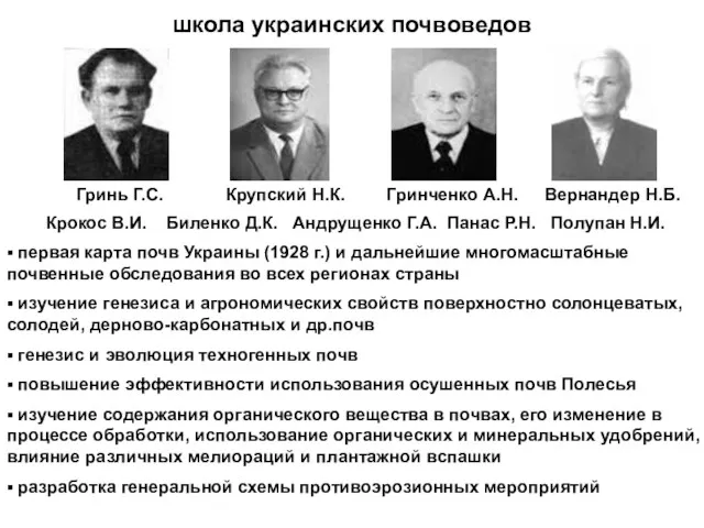 школа украинских почвоведов Гринь Г.С. Крупский Н.К. Гринченко А.Н. Вернандер