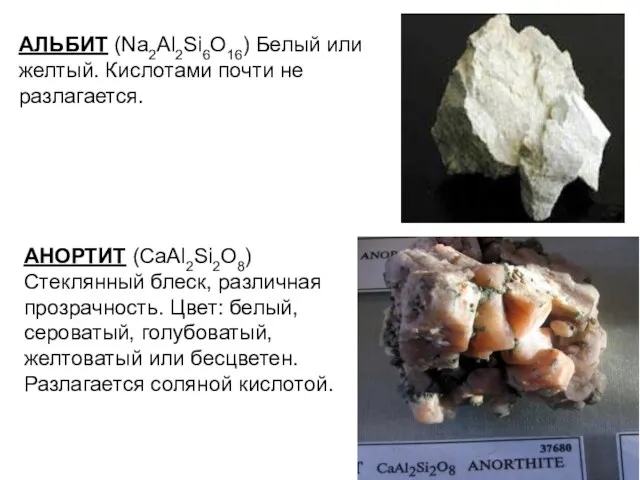 АЛЬБИТ (Na2Al2Si6O16) Белый или желтый. Кислотами почти не разлагается. АНОРТИТ