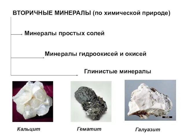 ВТОРИЧНЫЕ МИНЕРАЛЫ (по химической природе) Минералы простых солей Минералы гидроокисей