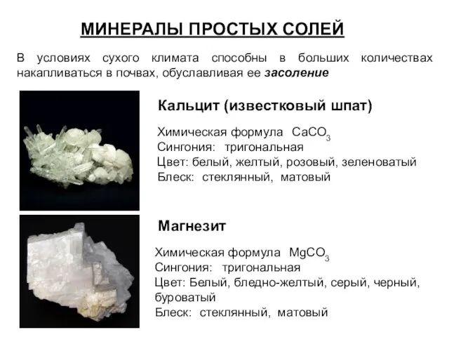 МИНЕРАЛЫ ПРОСТЫХ СОЛЕЙ В условиях сухого климата способны в больших