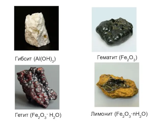 Гибсит (Al(OH)3) Гематит (Fе2O3) Гетит (Fе2O3· Н2O) Лимонит (Fe2O3·nH2O)