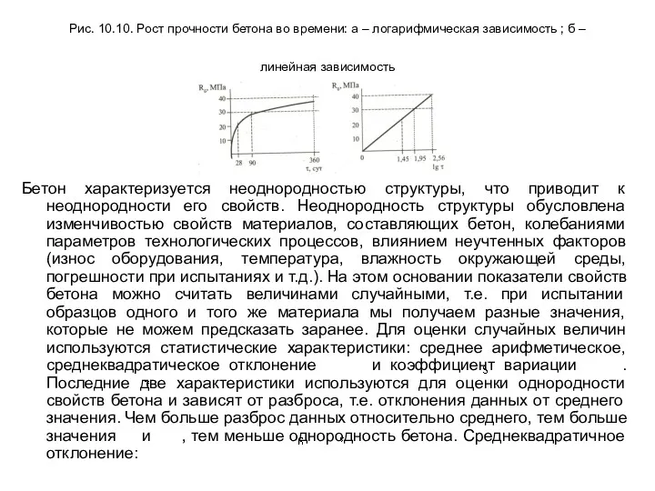 Рис. 10.10. Рост прочности бетона во времени: а – логарифмическая