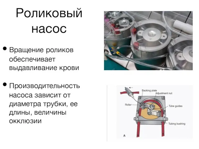 Роликовый насос Вращение роликов обеспечивает выдавливание крови Производительность насоса зависит