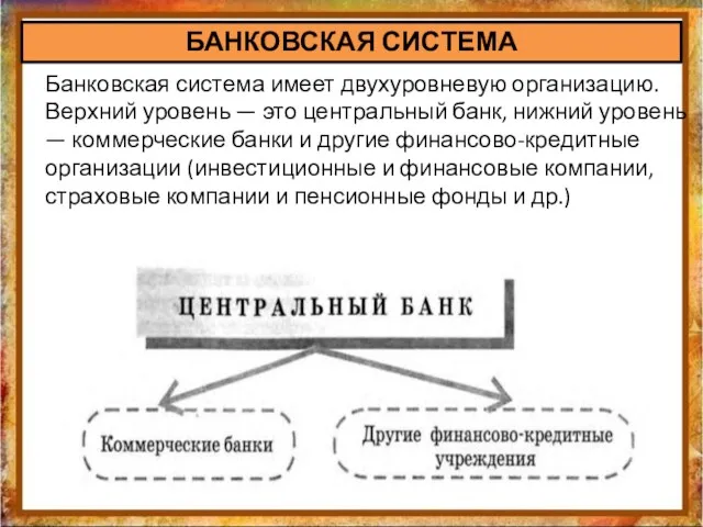 Банковская система имеет двухуровневую организацию. Верхний уровень — это центральный