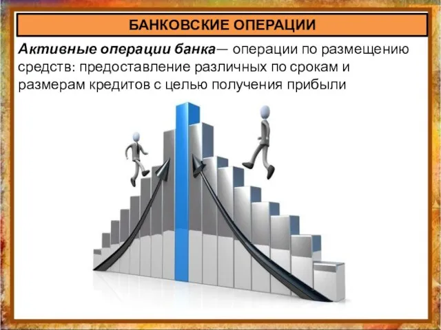 Активные операции банка— операции по размещению средств: предоставление различных по