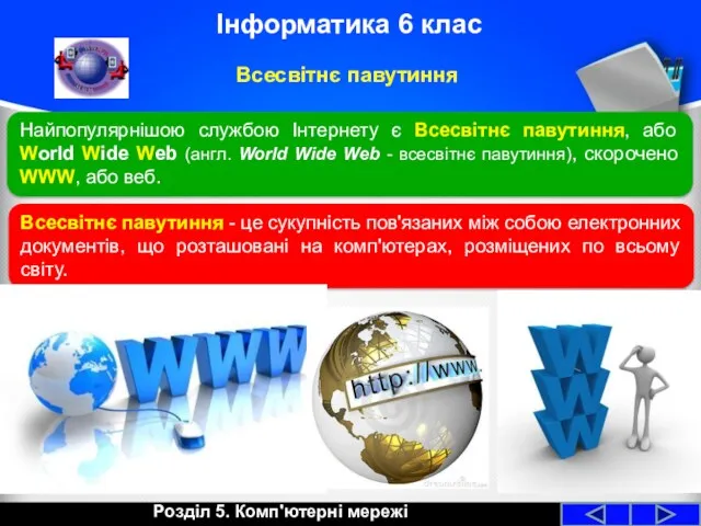 Розділ 5. Комп'ютерні мережі Інформатика 6 клас Всесвітнє павутиння Найпопулярнішою