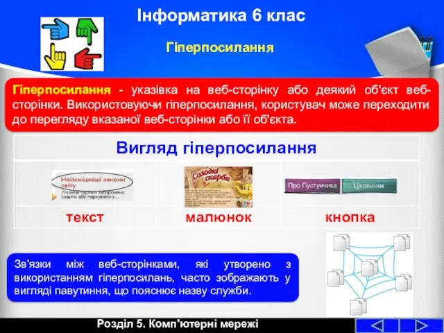 Розділ 5. Комп'ютерні мережі Інформатика 6 клас Гіперпосилання Гіперпосилання -