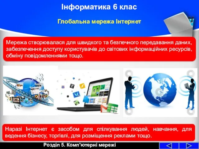 Глобальна мережа Інтернет Розділ 5. Комп'ютерні мережі Інформатика 6 клас