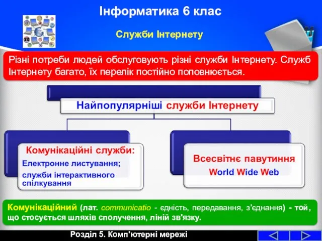 Різні потреби людей обслуговують різні служби Інтернету. Служб Інтернету багато,