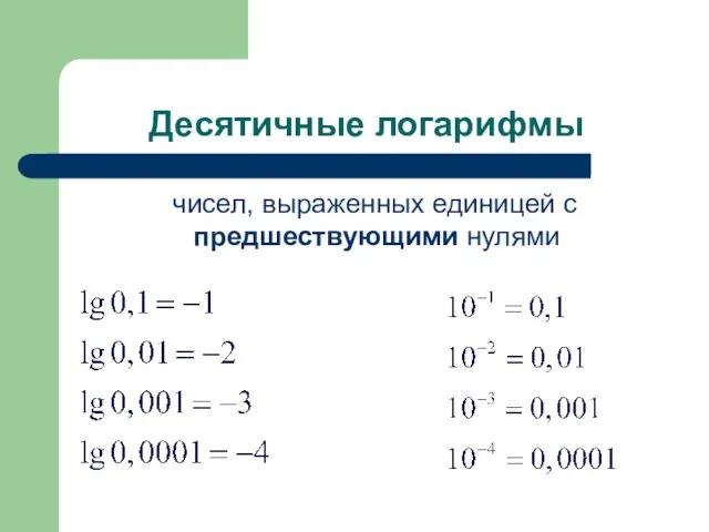 Десятичные логарифмы чисел, выраженных единицей с предшествующими нулями