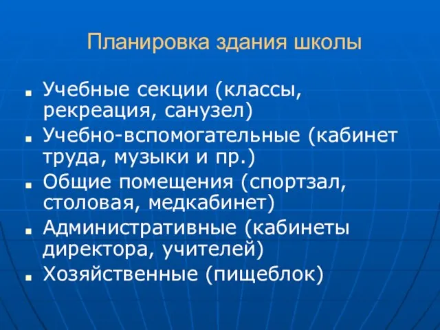 Планировка здания школы Учебные секции (классы, рекреация, санузел) Учебно-вспомогательные (кабинет