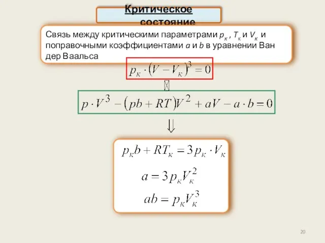 Критическое состояние Связь между критическими параметрами pк , Tк и