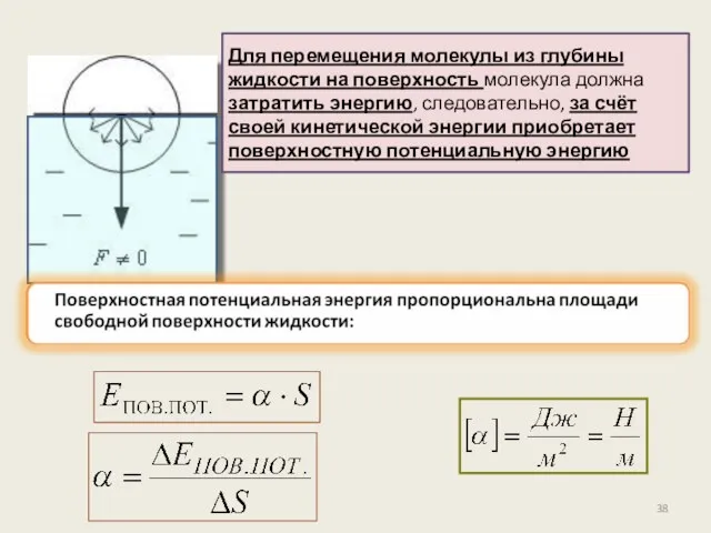 Для перемещения молекулы из глубины жидкости на поверхность молекула должна