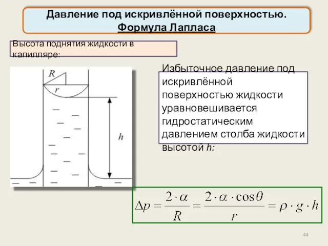 Давление под искривлённой поверхностью. Формула Лапласа Высота поднятия жидкости в