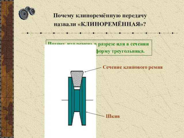 Почему клиноремённую передачу назвали «КЛИНОРЕМЁННАЯ»? Потому, что ремень в разрезе