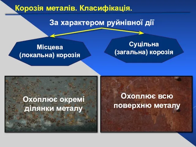 За характером руйнівної дії Суцільна (загальна) корозія Місцева (локальна) корозія