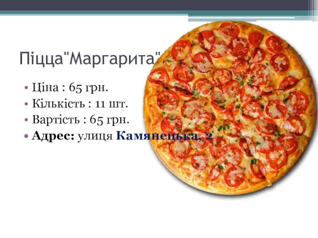 Піцца"Маргарита" Ціна : 65 грн. Кількість : 11 шт. Вартість