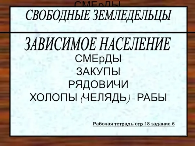 СМЕрДЫ ЗАКУПЫ РЯДОВИЧИ ХОЛОПЫ (ЧЕЛЯДЬ) - РАБЫ СМЕрДЫ ЗАКУПЫ РЯДОВИЧИ