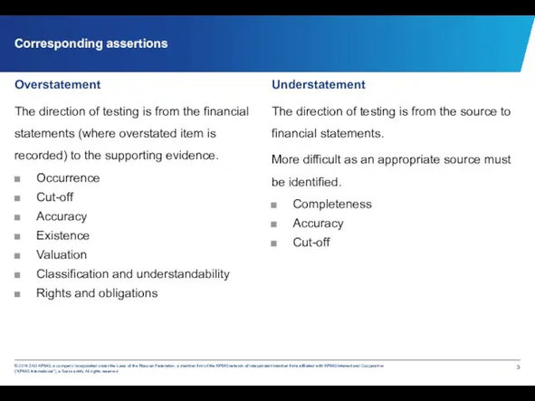 Corresponding assertions Overstatement The direction of testing is from the
