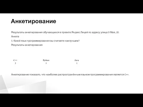 Анкетирование Результаты анкетирования обучающихся в проекте Яндекс Лицей по адресу