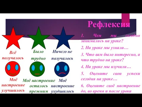 Рефлексия 1. Чем мы сегодня занимались на уроке? 2. На