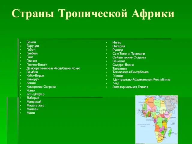 Страны Тропической Африки Бенин Бурунди Габон Гамбия Гана Гвинея Гвинея-Бисау