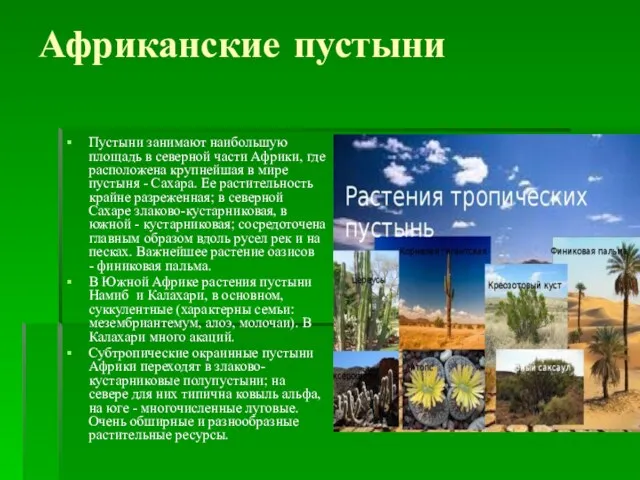 Африканские пустыни Пустыни занимают наибольшую площадь в северной части Африки,