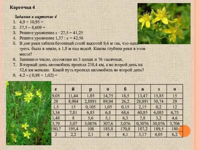 Задания к карточке 4 4,9 + 10,95 = 37,5 –