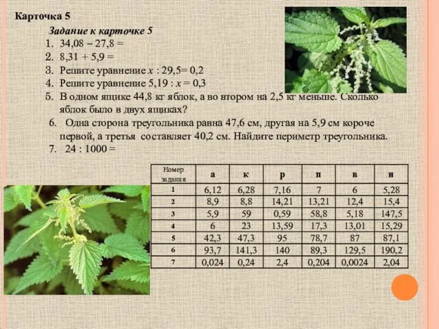 Задание к карточке 5 34,08 – 27,8 = 8,31 +