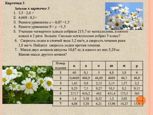 Задания к карточке 3 2,5 ∙ 2,4 = 4,669 :