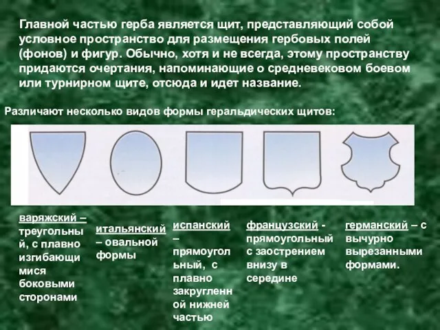 французский - прямоугольный с заострением внизу в середине Главной частью