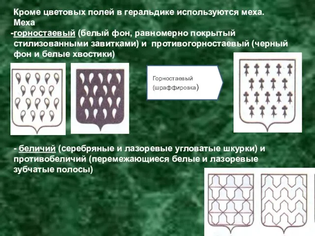 Кроме цветовых полей в геральдике используются меха. Меха горностаевый (белый