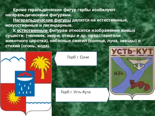 Кроме геральдических фигур гербы изобилуют негеральдическими фигурами. Негеральдические фигуры делятся