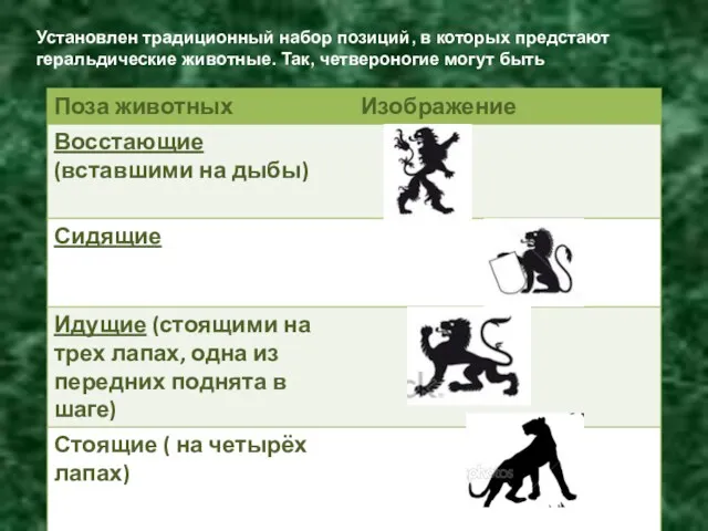 Установлен традиционный набор позиций, в которых предстают геральдические животные. Так, четвероногие могут быть