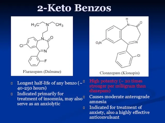 2-Keto Benzos Longest half-life of any benzo (~ 40-250 hours)