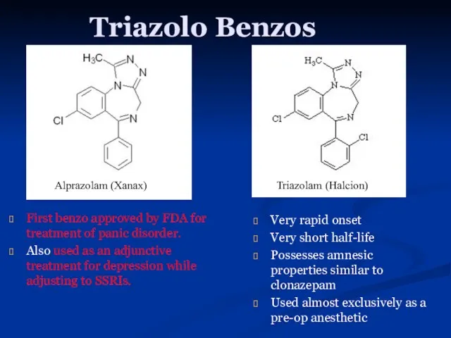 Triazolo Benzos First benzo approved by FDA for treatment of